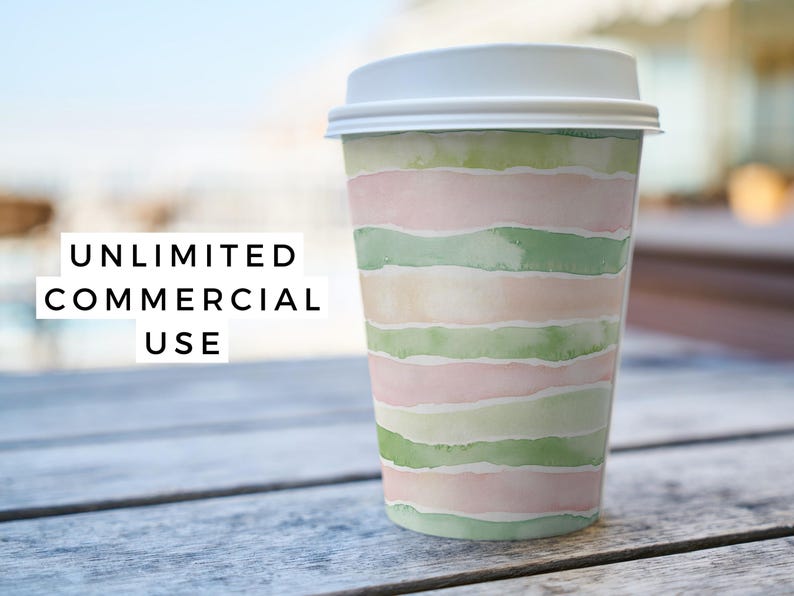 May include: A white to-go coffee cup with a green and pink watercolor stripe pattern. The text "UNLIMITED COMMERCIAL USE" is visible in the image.