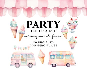 Pastel Watercolor Ice Cream Clipart Set - Cones, Sundaes, Vans - Sweet Dessert Illustrations - Here's the Scoop Kids Party Clipart