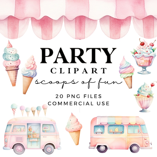 Ensemble de cliparts crème glacée aquarelle pastel - cornets, coupes glacées, camionnettes - illustrations de desserts sucrés - voici la boule de clipart fête d'enfants