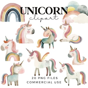 Set di clipart unicorno - ClipArt di unicorni e arcobaleno per decorazioni da parete per cameretta dei bambini, inviti per feste per bambini, docce per bambini - PNG trasparenti per uso commerciale