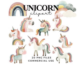 May include: A set of 20 digital clipart images featuring watercolour illustrations of unicorns with rainbow manes and tails. The unicorns are in various poses, including standing, sitting, and lying down. The text "UNICORN clipart" is included in the image.