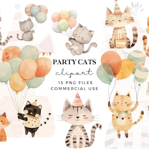 Fête des chatons Clipart PNG - Clipart de chats d'anniversaire de dessin animé mignon - Clipart drôle de chaton - graphiques pour amoureux des chats - usage Commercial