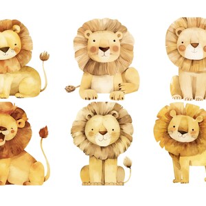 May include: Six watercolor illustrations of lions with different expressions. The lions are all facing forward and have a light brown color with a darker brown mane.