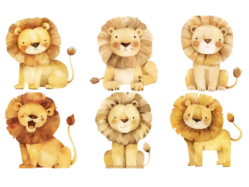May include: Six watercolor illustrations of lions with different expressions. The lions are all facing forward and have a light brown color with a darker brown mane.