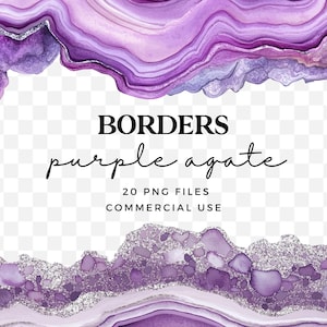Clipart de bordas de ágata roxa para uso comercial - Clip Art de geodo de ametista - Bordas de mármore roxas e prateadas - Bordas de cristal brilhante PNG