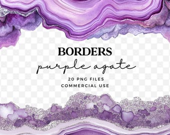 Purple Agate Borders Clipart for Commercial Use - Amethyst Geode Clip Art - Purple and Silver Marble Borders - Sparkly Crystal PNG Borders