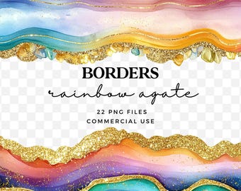 Rainbow Agate Borders Clipart for Commercial Use - Geode Clip Art - Bright Colours Rainbow Marble Borders - Sparkly Crystal PNG Borders
