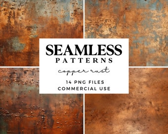 May include: Four seamless patterns of copper rust textures. The patterns are in shades of brown, orange, and blue. The text "Seamless Patterns copper rust 14 PNG Files Commercial Use" is in the center of the image.
