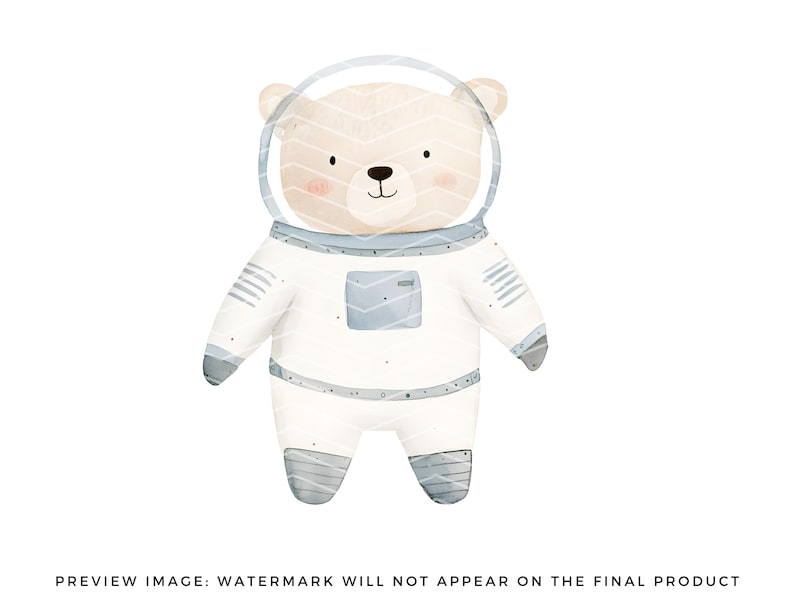 Puede incluir: Una ilustraci&oacute;n de acuarela de un oso blanco con un traje de astronauta. El oso tiene una cara marr&oacute;n claro con mejillas rosadas y una peque&ntilde;a nariz negra. El traje es blanco con detalles azules y un peque&ntilde;o bolsillo en el pecho.