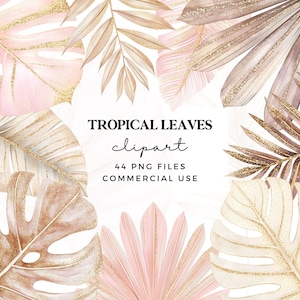 Boho Tropical Leaves Clipart PNG - Aquarela Rosa, Bege e Folha de Ouro Clip Art Bundle - PNGs Transparentes Uso Comercial - Folhas da Selva