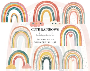 Pastel Rainbow Clipart Set: Watercolor Boho PNG Images (Commercial Use)