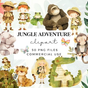 Bundle de cliparts animaux de la jungle mignon - clipart aquarelle à usage commercial - faire-parts et art mural pour chambre d'enfant - aventure safari dans la jungle