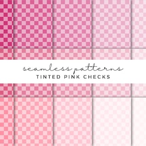 Könnte beinhalten: Eine Sammlung nahtloser Muster mit rosa Karodesigns in verschiedenen Farbtönen. Das Bild zeigt eine Reihe von Rosatönen, von tiefem Magenta bis zu blassem Rosa, mit dem Text "seamless patterns" und "TINTED PINK CHECKS".