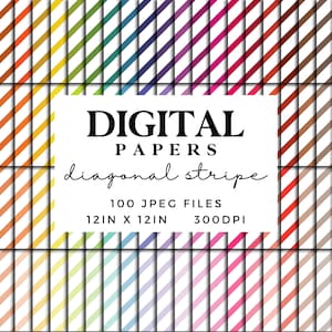 Diagonal Stripe Digital Paper 100 Colours - Seamless Pattern Scrapbook Paper - 300dpi JPEG Planner Paper - Printable Papers Rainbow Colors