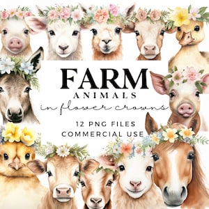 Urocze Zwierzęta Gospodarskie Clipart PNG - Boho Baby Animals in Flower Crowns Clip Art Bundle - Sztuka Dziecięca - Zaproszenie Na Baby Shower Art - Użytek Komercyjny