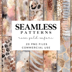 Puede incluir: Una colección de patrones sin costuras en oro rosa, con diversas texturas y diseños. Los patrones incluyen purpurina, estampados de animales y efectos de acuarela abstractos. El texto "SEAMLESS PATTERNS rose gold safari 20 PNG FILES COMMERCIAL USE" está incluido.