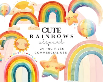Cute Rainbow Clipart Bundle - Kawaii Rainbow Clipart Set - Watercolour Clip Art - Rainbow Balloons Clipart - Commercial Use