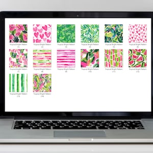 Puede incluir: Una pantalla de computadora port&aacute;til que muestra 16 patrones brillantes tropicales diferentes. Los patrones son una mezcla de rosa, verde y blanco. Los patrones incluyen corazones, rayas, hojas y sand&iacute;a.