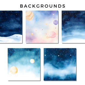 Puede incluir: Seis fondos de acuarela con un cielo nocturno estrellado con nubes, planetas y estrellas. Los fondos son en tonos de azul, morado y rosa.