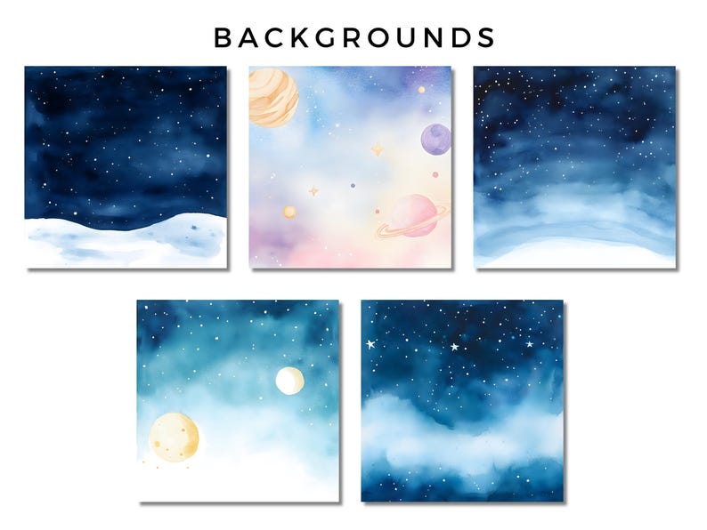 Puede incluir: Seis fondos de acuarela con un cielo nocturno estrellado con nubes, planetas y estrellas. Los fondos son en tonos de azul, morado y rosa.