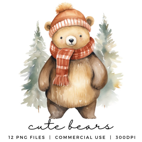Leuke kerstberen clipart - aquarel kerst illustraties voor kinderen - vakantie graphics - Instant Download 300DPI PNG & JPEGFiles