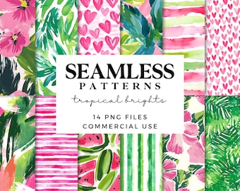 Watercolour Tropical Seamless Patterns - Colourful Summer Backgrounds - Printable Wrapping Paper - Scrapbook Paper - Neon Leaf Patterns