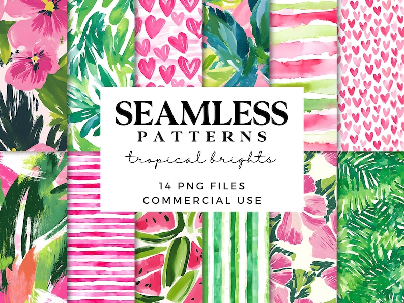 Puede incluir: Un conjunto de 14 patrones digitales sin costuras con colores y dise&ntilde;os tropicales brillantes. Los patrones incluyen rayas de acuarela rosa y verde, corazones, flores y hojas. El texto "Seamless Patterns tropical brights 14 PNG Files Commercial Use" se muestra sobre un fondo blanco.