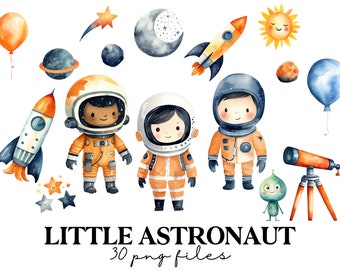 Cute Astronaut Clipart Bundle - Watercolor Spaceman Clip Art Set - Space Rocket Clipart Set - Planets, Stars and Moon PNG - Commercial Use