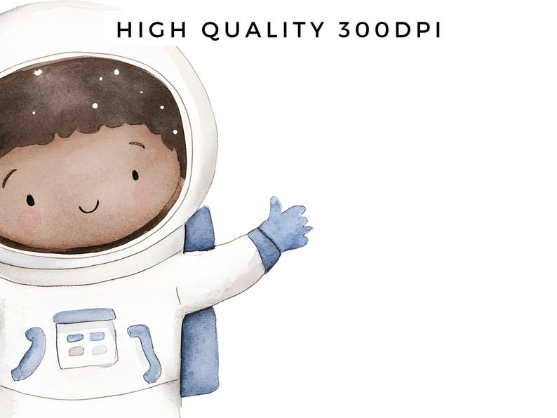 Puede incluir: Una ilustraci&oacute;n de acuarela de un astronauta de dibujos animados con piel marr&oacute;n que lleva un traje espacial blanco con detalles azules. El astronaute est&aacute; saludando con una mano enguantada de azul.
