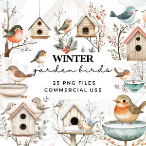 Imágenes prediseñadas de pájaros navideños - Ilustraciones de pájaros adorables en acuarela - Casitas de pájaros de invierno - Estilo escandinavo - Diseños de sublimación - PNG