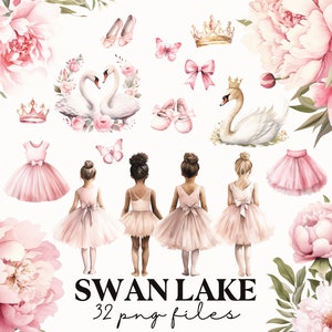 Aquarell Ballerina Clipart-Set - Schwanensee Ballett Thema Clip Art Bundle - Rosa Ballerina PNG-Dateien - Kommerzielle Nutzung - Tanz Clipart Bundle