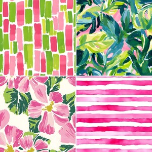 Puede incluir: Cuatro patrones diferentes en rosa, verde y blanco. El patr&oacute;n de la parte superior izquierda es un patr&oacute;n geom&eacute;trico de rect&aacute;ngulos rosas y verdes. El patr&oacute;n de la parte superior derecha es un patr&oacute;n de hojas tropicales con hojas rosas, verdes y azules. El patr&oacute;n de la parte inferior izquierda es un patr&oacute;n floral con flores rosas y hojas verdes. El patr&oacute;n de la parte inferior derecha es un patr&oacute;n de rayas con rayas rosas sobre un fondo blanco.