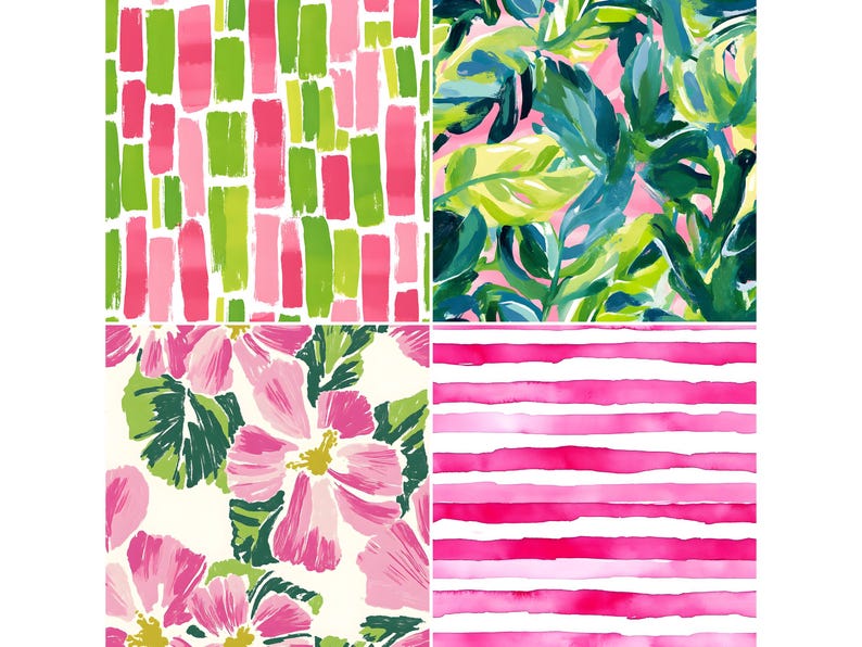 Puede incluir: Cuatro patrones diferentes en rosa, verde y blanco. El patr&oacute;n de la parte superior izquierda es un patr&oacute;n geom&eacute;trico de rect&aacute;ngulos rosas y verdes. El patr&oacute;n de la parte superior derecha es un patr&oacute;n de hojas tropicales con hojas rosas, verdes y azules. El patr&oacute;n de la parte inferior izquierda es un patr&oacute;n floral con flores rosas y hojas verdes. El patr&oacute;n de la parte inferior derecha es un patr&oacute;n de rayas con rayas rosas sobre un fondo blanco.