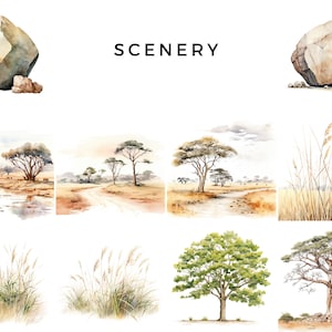 Pu&ograve; includere: Illustrazioni ad acquerello di vari elementi del paesaggio della savana africana, tra cui alberi, rocce ed erba alta. Il titolo "SCENERY" &egrave; scritto in nero nella parte superiore dell'immagine.
