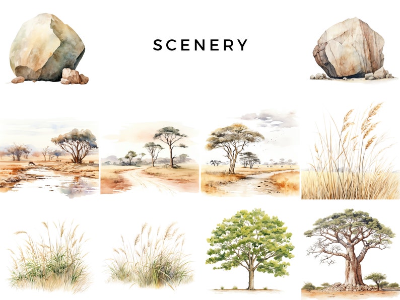Pu&ograve; includere: Illustrazioni ad acquerello di vari elementi del paesaggio della savana africana, tra cui alberi, rocce ed erba alta. Il titolo "SCENERY" &egrave; scritto in nero nella parte superiore dell'immagine.