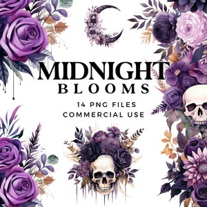 Halloween Clipart - Gothic Blumen Illustrationen - Dark Purple Bouquet - Schädel und Halbmond - Instant Download 300DPI PNG und JPEGDateien
