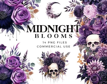 Halloween Clipart - Gothic Floral Illustrations - Dark Purple Bouquet - Skull and Crescent Moon - Instant Download 300DPI PNG & JPEGFiles