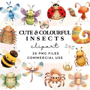 Insects Clipart PNG - Cute Insects and Bugs Clipart Bundle - Watercolour Whimsical Insects - Commercial Use - Card Making - Sublimation