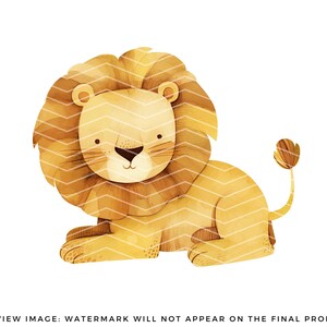 May include: A watercolor illustration of a cartoon lion with a brown mane and a yellow body. The lion is sitting with its tail curled behind it.