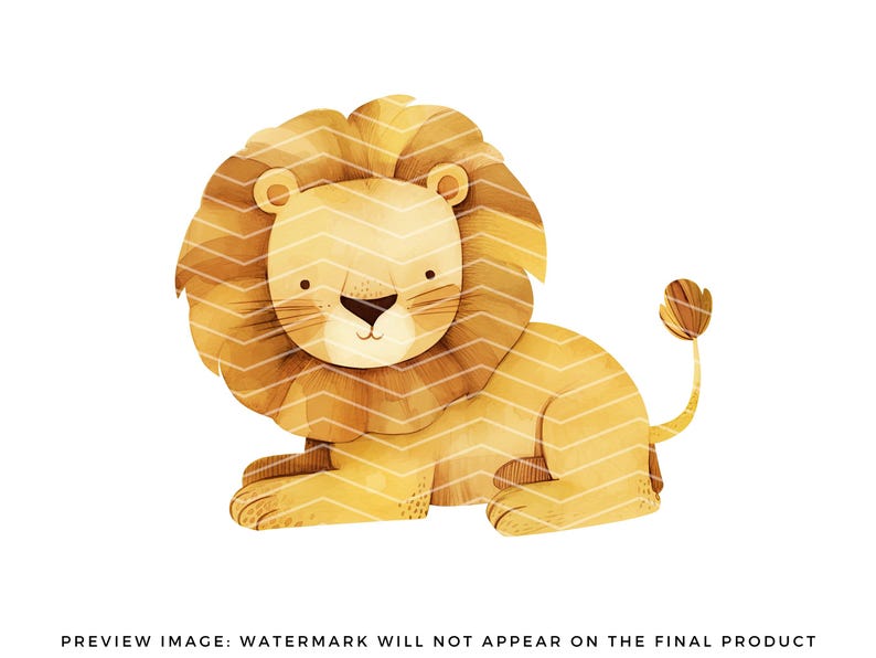 May include: A watercolor illustration of a cartoon lion with a brown mane and a yellow body. The lion is sitting with its tail curled behind it.