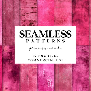 Può includere: Immagine di arte digitale con una collezione di motivi rosa senza cuciture con una texture grunge. I motivi sono disposti in un formato a griglia. Il testo "SEAMLESS PATTERNS grungy pink" e "16 PNG FILES COMMERCIAL USE" è incluso.