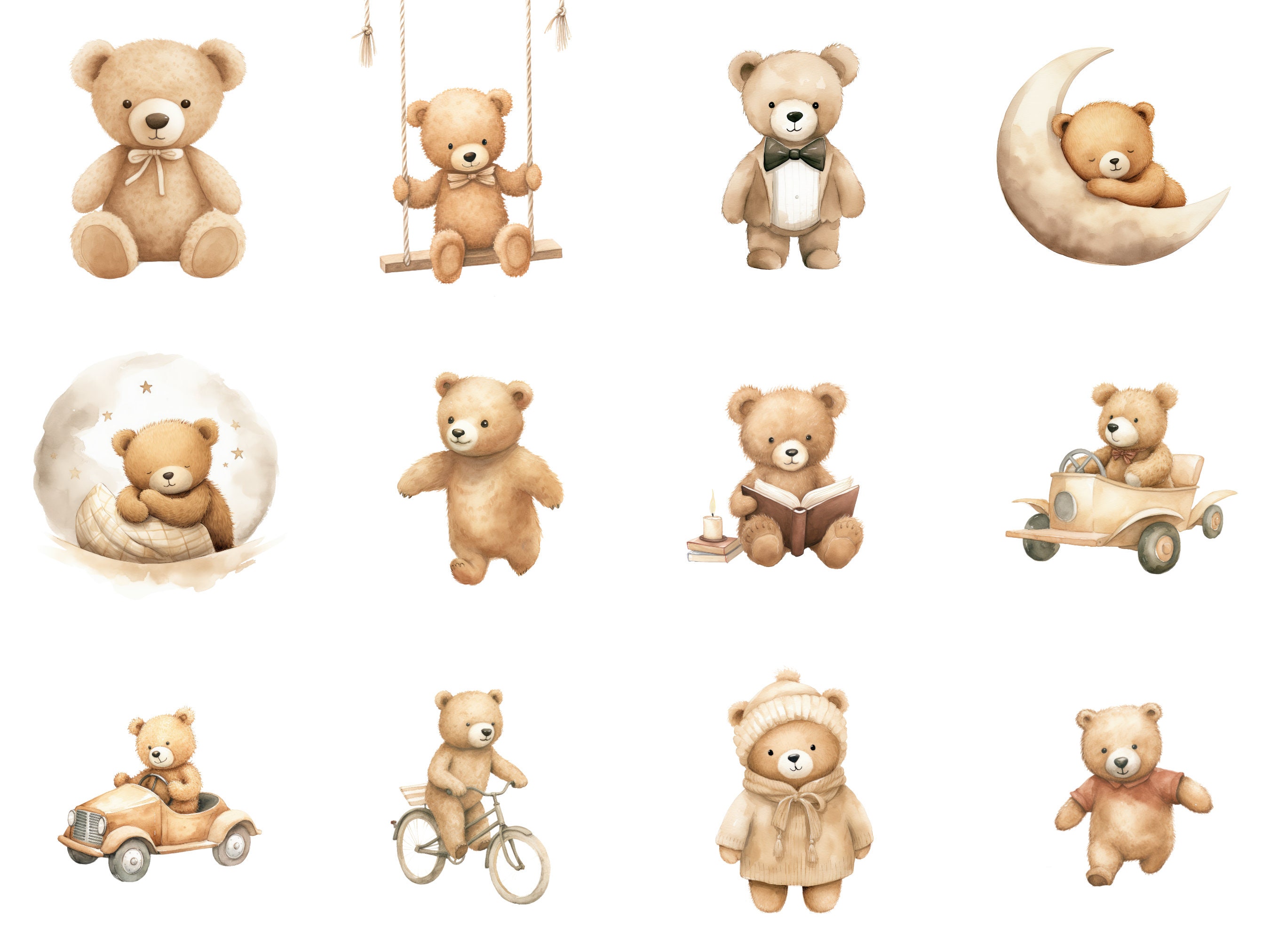 Watercolour Teddy Bear Clipart Bundle Baby Shower Clip Art Boho Teddy ...