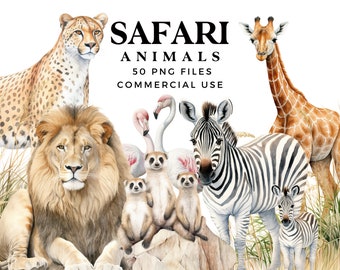 Safari djur Clipart - Akvarell Clipart för kommersiellt bruk - Afrikanska Safari djur Clip Art Bundle - PNG-filer - Lejon Elefant Zebra