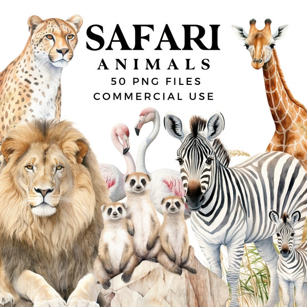 Safari Animals Clipart - Watercolor Clipart for Commercial Use - African Safari Animals Clip Art Bundle - PNG Files - Lion Elephant Zebra