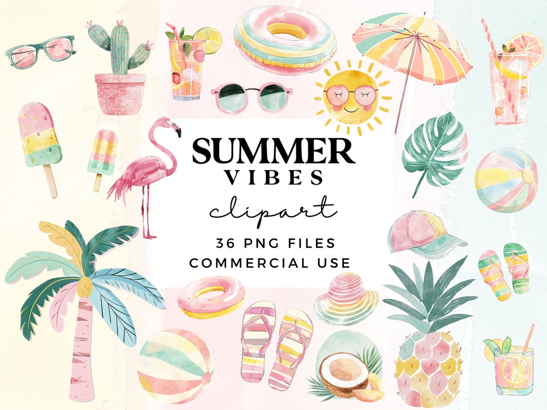 Summer Clipart PNG - Cute Pool Party Clipart Bundle - Watercolour Beach ...