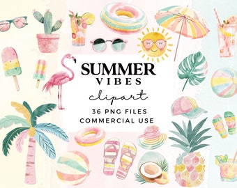 Summer Clipart PNG - Cute Pool Party Clipart Bundle - Watercolour Beach Clipart - Commercial Use - Holiday Vacation Clipart