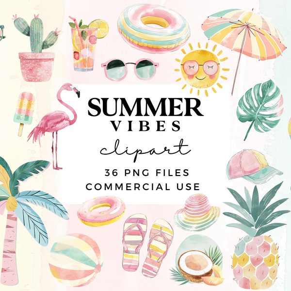 Summer Clipart PNG - Cute Pool Party Clipart Bundle - Watercolour Beach Clipart - Commercial Use - Holiday Vacation Clipart