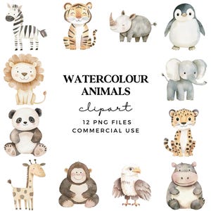 Clipart animaux aquarelle - animaux de la jungle et de la safari PNG - téléchargement numérique d'art pour chambre d'enfant - illustration mignonne de la faune - Images à usage commercial