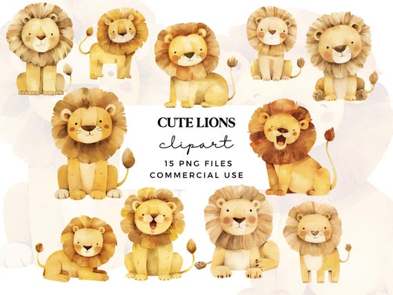 Cute Lion Clipart - Watercolour Baby Lion PNGs - Nursery Wall Art, Kids Party Invites, Baby Showers - Commercial Use Transparent PNG