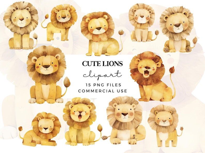 May include: A set of 10 watercolor illustrations of cute lions in various poses. The lions are all depicted with bright yellow fur, fluffy manes, and friendly expressions. The illustrations are perfect for adding a touch of whimsy to any project.